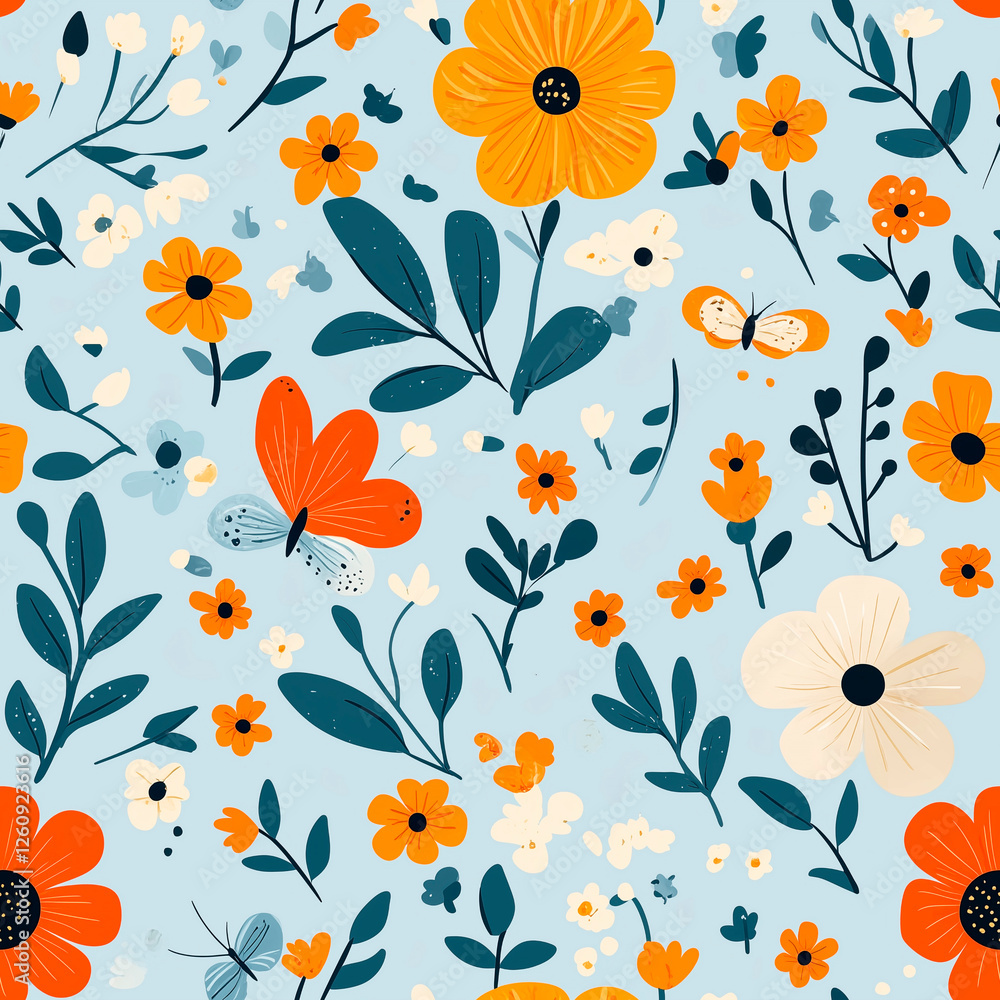 A blue and orange flower pattern with butterflies and flowers A blue and orange flower pattern with butterflies and flowers