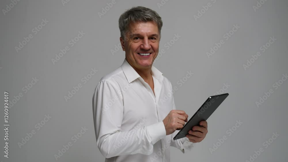 Businessman smiling in a shirt an adult man uses a tablet in his hands on a white background Businessman smiling in a shirt an adult man uses a tablet in his hands on a white background