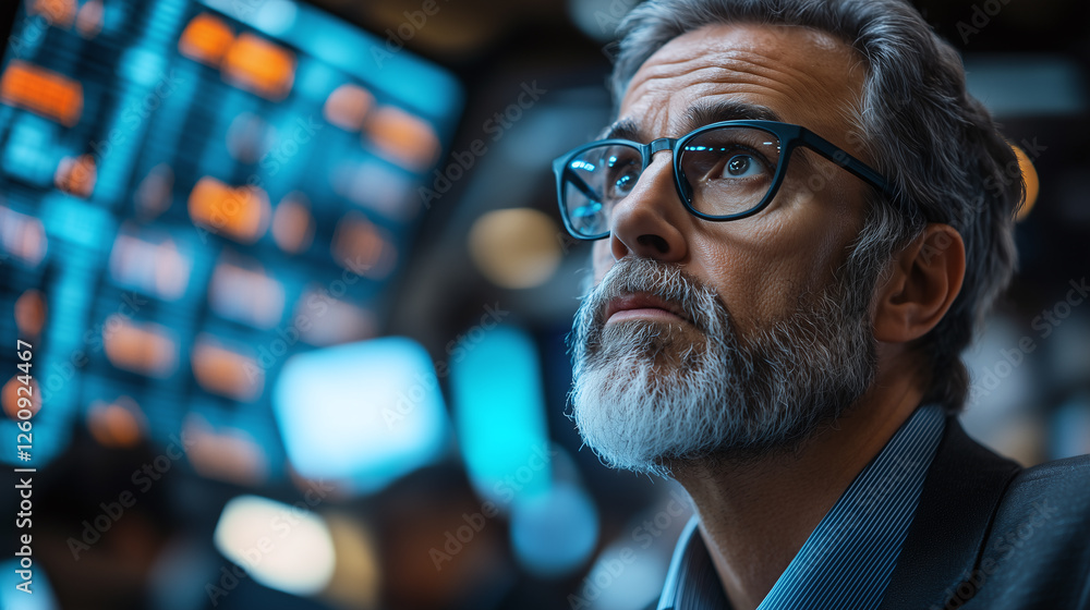 A close-up of a professional analyst wearing glasses, intently observing fluctuating stock market data on large digital screens.  