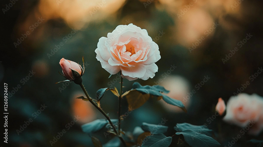 Obraz premium Beautiful garden blooms with delicate pink roses in a serene setting during golden hour