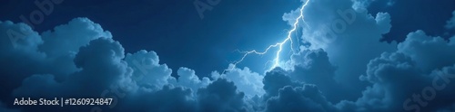 Dark grey cloudy sky with white fluffy clouds and blue lightning bolts, weather forecast, thunderstorm background