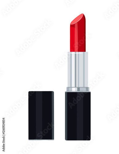 Red lipstick in case in a cartoon style. Vector illustration of luxury lipstick in black and silver tube isolated on white background. Lipstick for applying make-up. Cosmetic decorative product.