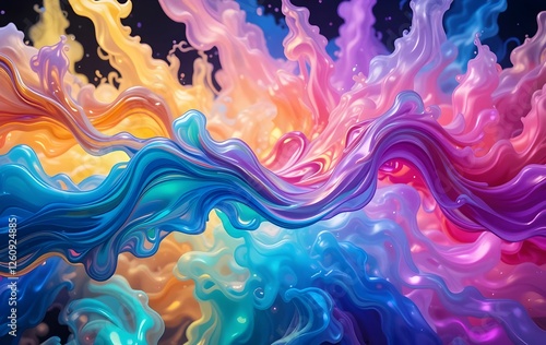 abstract colorful background dynamic swirling waves of liquid glass and glowing vapor, bright rainbow colors