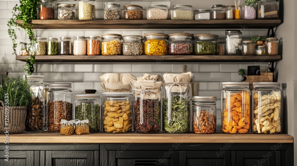Sustainable kitchen storage showing glass jars and reusable bags filled with food Sustainable kitchen storage showing glass jars and reusable bags filled with food