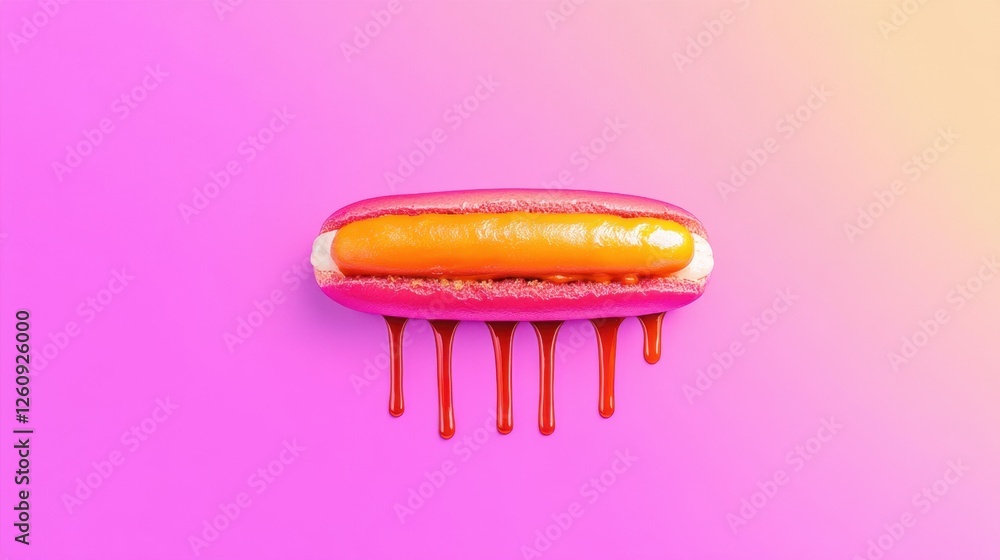 Hotdog with dripping sauce on vibrant background Hotdog with dripping sauce on vibrant background