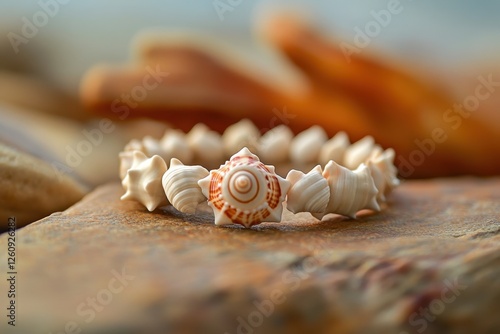 Crafted shell bracelet resting on warm stone with ocean backdrop at sunset revealing nature's beauty photo