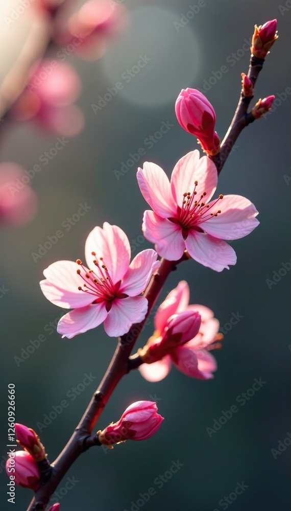 Obraz premium delicate petals unfurl from soft pink blossoms on a slender tree branch, flowering trees, blossoming, branches