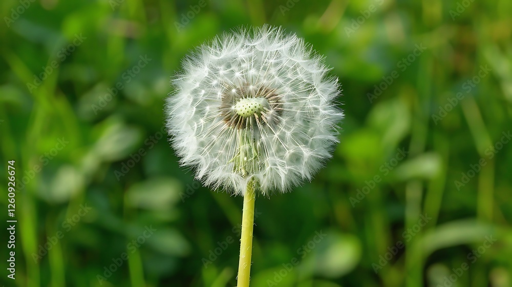 Dandelion seeds on a green meadow in the springtime