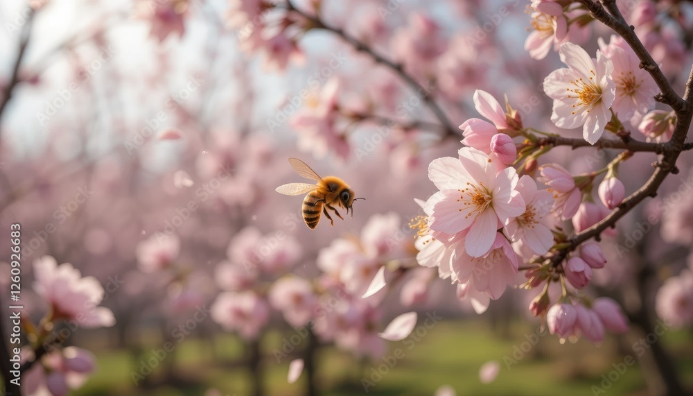 A picturesque orchard filled with blossoming fruit trees, where a bee is captured in mid-flight, moving between pink cherry blossoms and white apple flowers