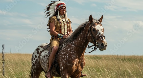 A Native American warrior riding bareback on a strong Appaloosa horse.