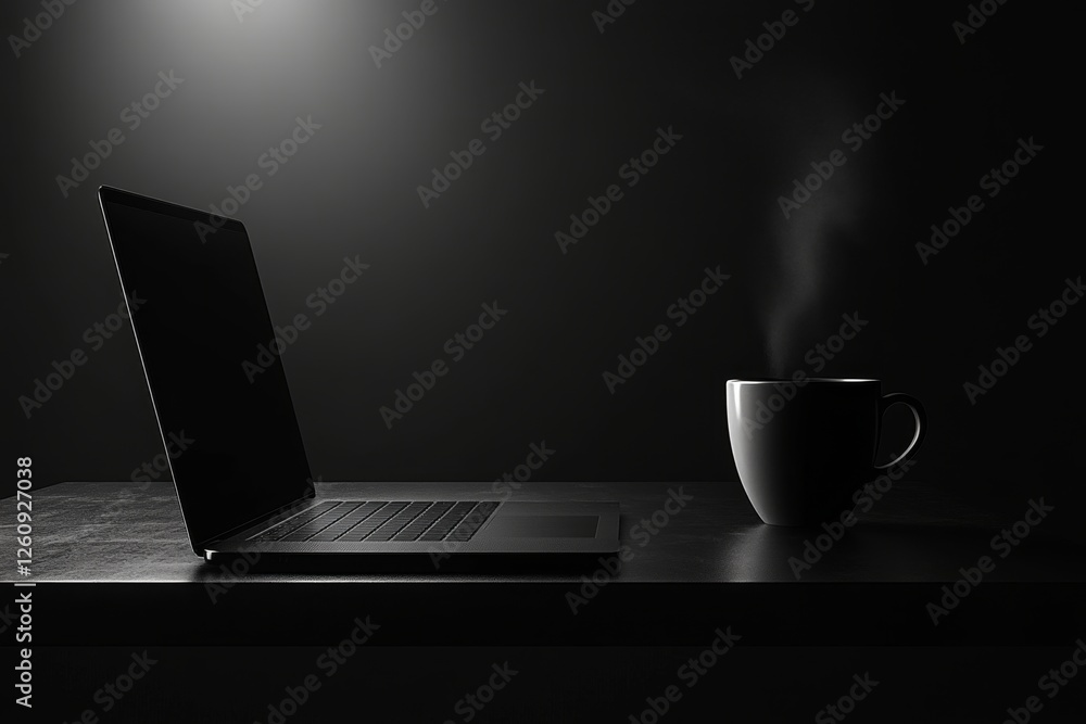 Fototapeta premium Dark Minimalist Laptop and Coffee Night Work, Productivity, and Relaxation