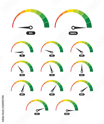 Speedometer, gauge meter icons. Vector scale, level of performance. Speed dial indicator . Green and red, low and high barometers, dashboard with arrows. Infographic of risk, gauge, score progress.