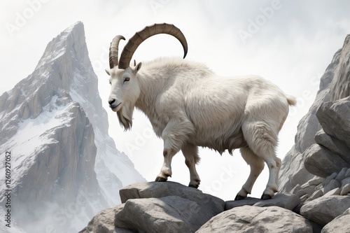 Majestic mountain goat standing on rocks against a snowy mountain range background.