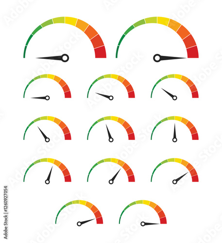 Speedometer, gauge meter icons. Vector scale, level of performance. Speed dial indicator . Green and red, low and high barometers, dashboard with arrows. Infographic of risk, gauge, score progress.