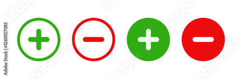 Green plus and Red minus symbols, Positive an negative solid thin line vector signs. Mathematical symbols, add, subtract, right and wrong, pros and cons. Vector Illustration.