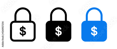 Fixed income, Lock dollar money icon set. Price Stability and Budget Lock Icons. Fixed Income and Economic Assurance Symbols with padlock and dollar symbol. Vector illustration.