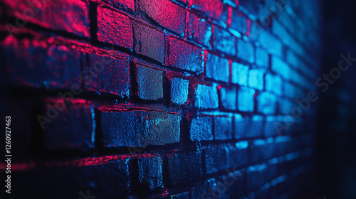 Colorful brick wall illuminated with vibrant blue and pink lights in an urban setting