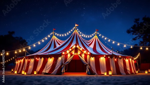 Large circus tent night red white striped pointed photo