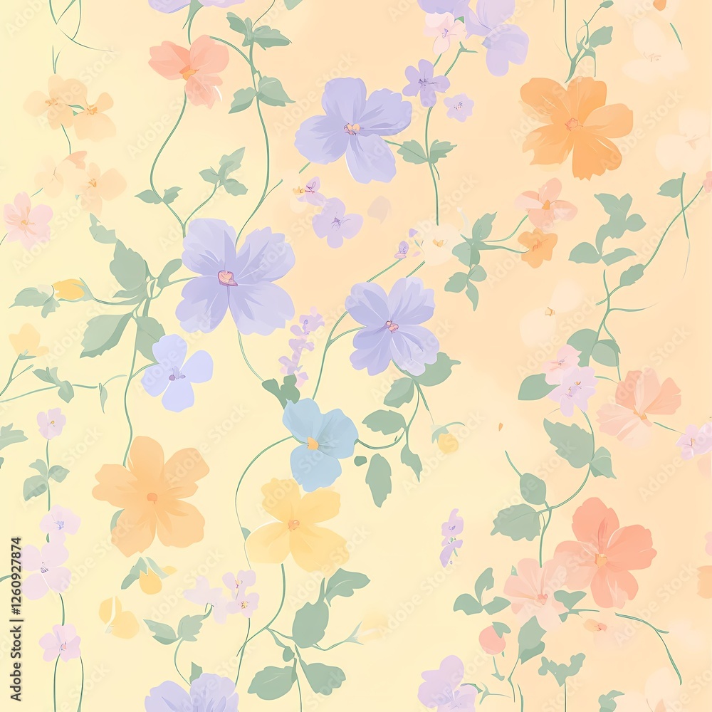 A light and playful floral pattern in pastel shades of peach, mint, lavender, and pale yellow, featuring small wildflowers, tiny roses, and gentle vines with soft, flowing shapes and a sense of moveme A light and playful floral pattern in pastel shades of peach, mint, lavender, and pale yellow, featuring small wildflowers, tiny roses, and gentle vines with soft, flowing shapes and a sense of moveme