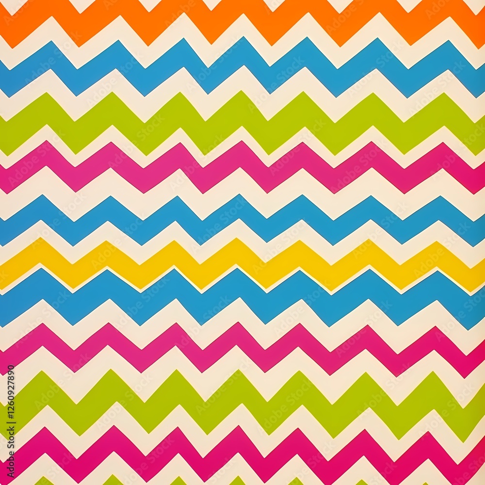 Fun and bold zigzag pattern with thick, alternating stripes in vibrant colors like lime green, hot pink, tangerine, and royal blue, creating an energetic, rhythmic flow.

