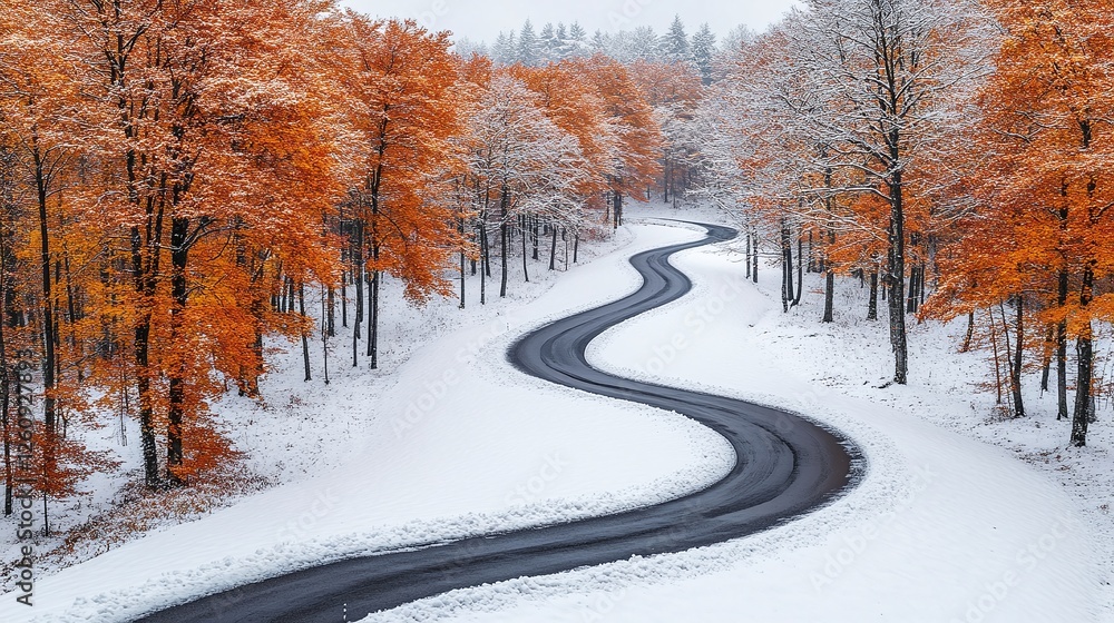 a winding road blanketed in snow leads through a colorful autumn forest, blending the vibrant hues of fall with the serene, icy beauty of winter a winding road blanketed in snow leads through a colorful autumn forest, blending the vibrant hues of fall with the serene, icy beauty of winter