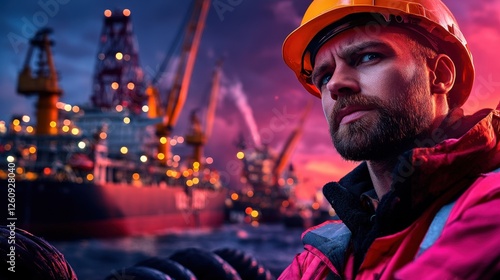A rugged worker dons a safety helmet, exemplifying the grit of the maritime industry, standing resiliently against a backdrop of machinery and vibrant sunset colors.