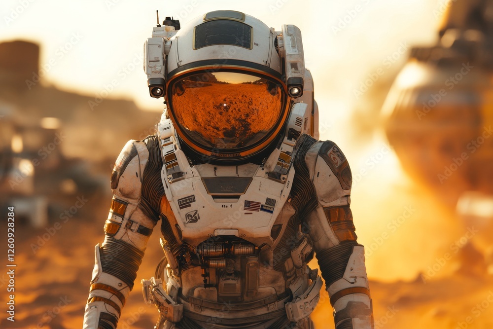 Martian Sunset Astronaut in Advanced Spacesuit on Red Planet Martian Sunset Astronaut in Advanced Spacesuit on Red Planet