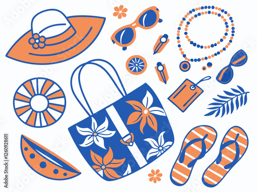Summer ethnic accessories cartoon vector set. Woman beach bags fashion hats jewelry panamas sunglasses swimsuits dresses earrings - – Stylish Beach Essentials in Vibrant Blue and Orange.