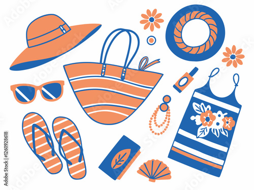 Summer ethnic accessories cartoon vector set. Woman beach bags fashion hats jewelry panamas sunglasses swimsuits dresses earrings - – Stylish Beach Essentials in Vibrant Blue and Orange.