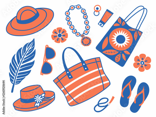 Summer ethnic accessories cartoon vector set. Woman beach bags fashion hats jewelry panamas sunglasses swimsuits dresses earrings - – Stylish Beach Essentials in Vibrant Blue and Orange.