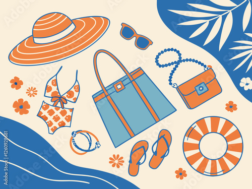Summer ethnic accessories cartoon vector set. Woman beach bags fashion hats jewelry panamas sunglasses swimsuits dresses earrings - – Stylish Beach Essentials in Vibrant Blue and Orange.
