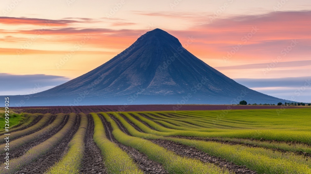 Naklejka premium Majestic Volcano at Sunset with Colorful Sky and Verdant Fields in Foreground Creates a Picturesque Landscape of Tranquility and Natural Beauty