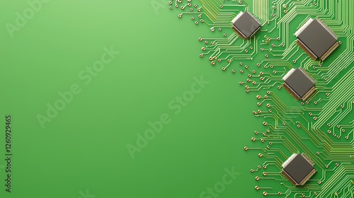Computer Circuit Board Components On Bright Lime Green Background