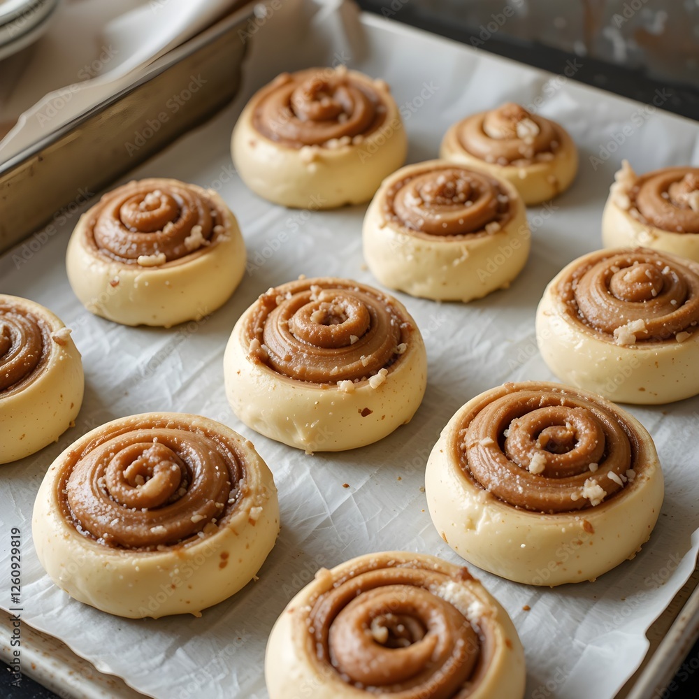 baking sheet lined with parchment paper, holding raw cinnamon rolls ready for the oven. Generative AI baking sheet lined with parchment paper, holding raw cinnamon rolls ready for the oven. Generative AI