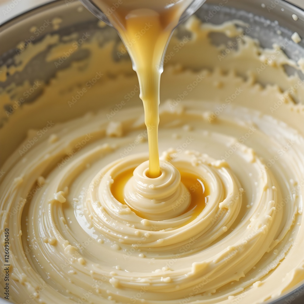 A splash of vanilla extract dropping into a creamy batter. Generative AI A splash of vanilla extract dropping into a creamy batter. Generative AI