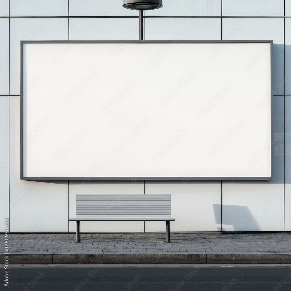 A minimalist scene featuring a blank billboard and a bench against a modern building facade, inviting contemplation or advertising possibilities. A minimalist scene featuring a blank billboard and a bench against a modern building facade, inviting contemplation or advertising possibilities.