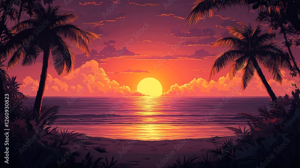 Obraz premium Tropical Sunset Over Ocean Beach Palms