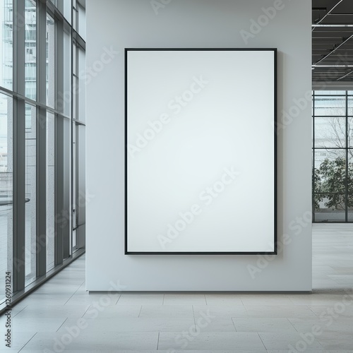 A minimalist art gallery featuring a blank canvas framed against a modern  airy interior with large windows and natural light.