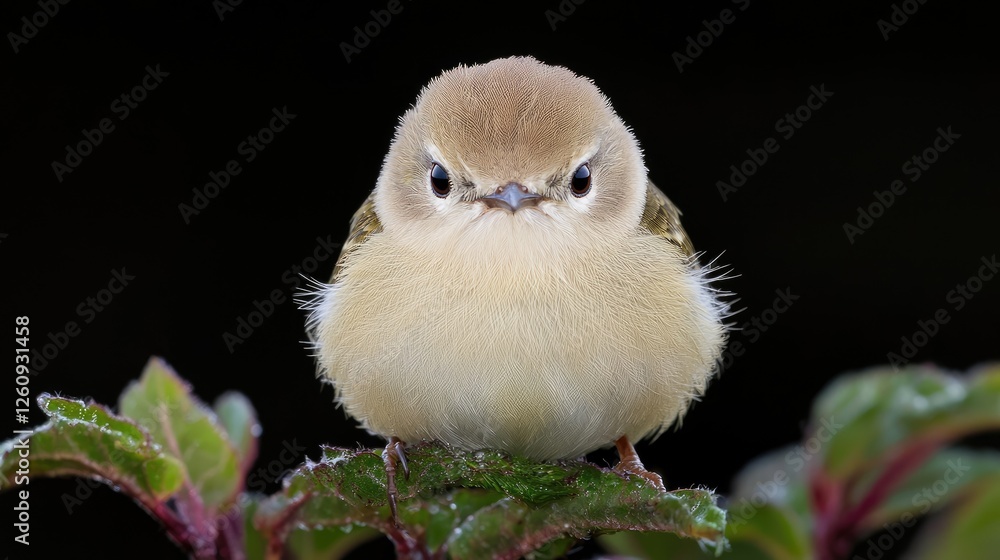 Obraz premium Fluffy bird perched on leaves, dark background, nature closeup