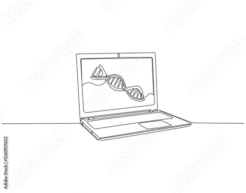 Continuous one line drawing of DNA on laptop screen. One line drawing illustration of laptop combined with DNA. Combine art design concept single line. Editable outline