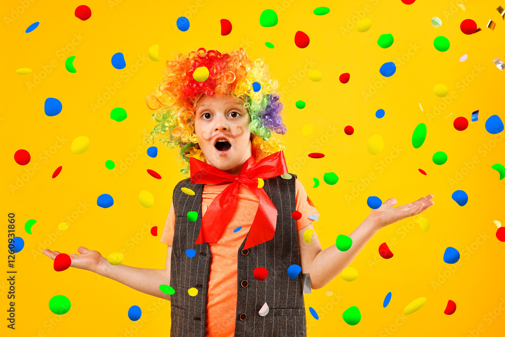 Fototapeta premium Cute boy dressed like clown under falling confetti on orange background. Party time