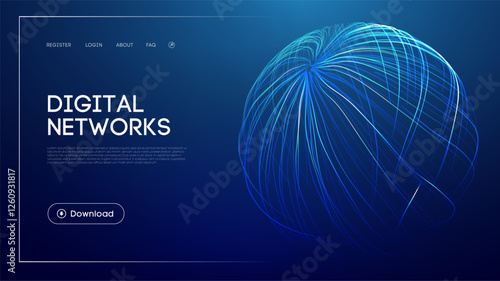 Digital networks technology with abstract glowing sphere, blue futuristic background, connected data visualization, modern UI design, and wireframe globe for innovation and connectivity