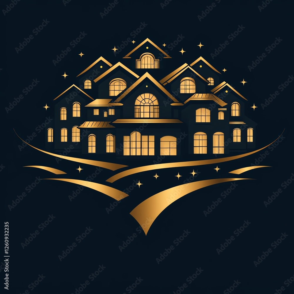 A stunning graphic design featuring a cluster of illuminated houses, radiating warmth and charm, set against a dark background. Perfect representation of cozy living spaces. A stunning graphic design featuring a cluster of illuminated houses, radiating warmth and charm, set against a dark background. Perfect representation of cozy living spaces.