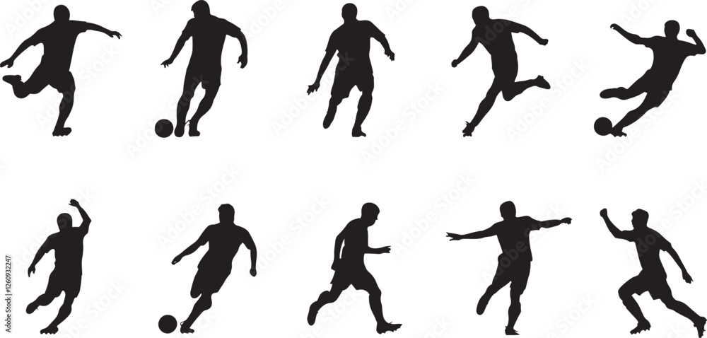 A collection of black silhouette  of soccer players in various poses, kicking, running, and jumping.
