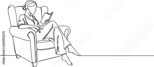 continuous single line drawing of woman in armchair reading book, line art vector illustration