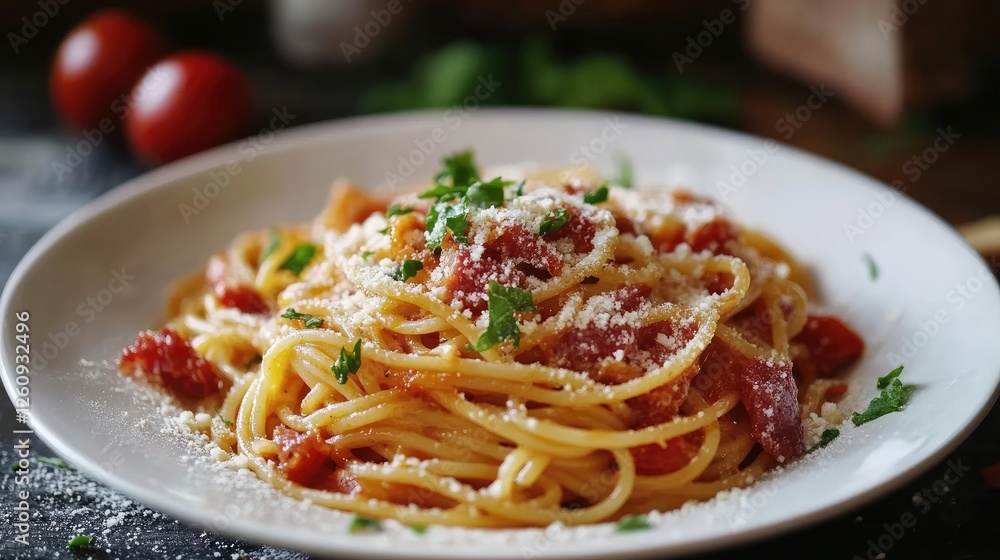 Spaghetti alla Amatriciana with pancetta bacon, tomatoes and pecorino cheese Spaghetti alla Amatriciana with pancetta bacon, tomatoes and pecorino cheese