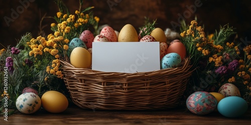 Colorful Easter eggs in a woven basket surrounded by fresh flowers on a rusti...