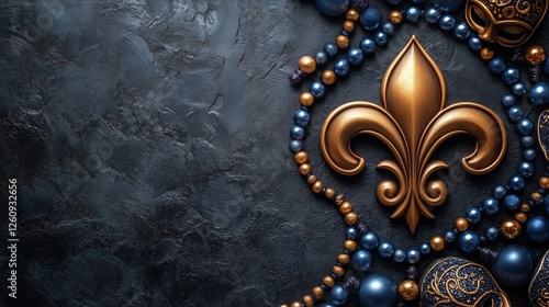 Decorative mask and beads with a golden fleur-de-lis pattern on dark textured...