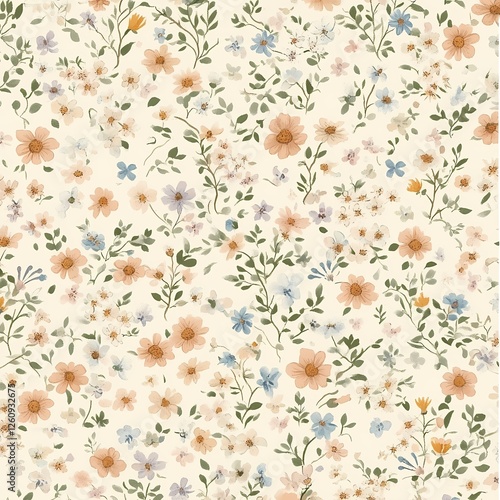 Wallpaper Mural Serene floral pattern with intricate wildflowers in pastel peach, lilac, pale blue, and pale green, scattered on a light neutral background for a peaceful, vintage-inspired atmosphere.

 Torontodigital.ca