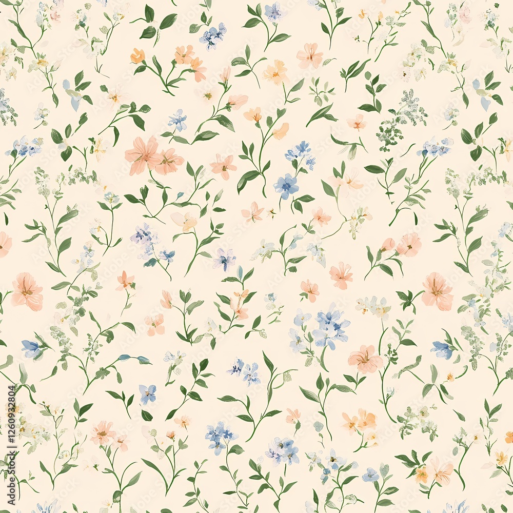 Serene floral pattern with intricate wildflowers in pastel peach, lilac, pale blue, and pale green, scattered on a light neutral background for a peaceful, vintage-inspired atmosphere.
Serene floral pattern with intricate wildflowers in pastel peach, lilac, pale blue, and pale green, scattered on a light neutral background for a peaceful, vintage-inspired atmosphere.